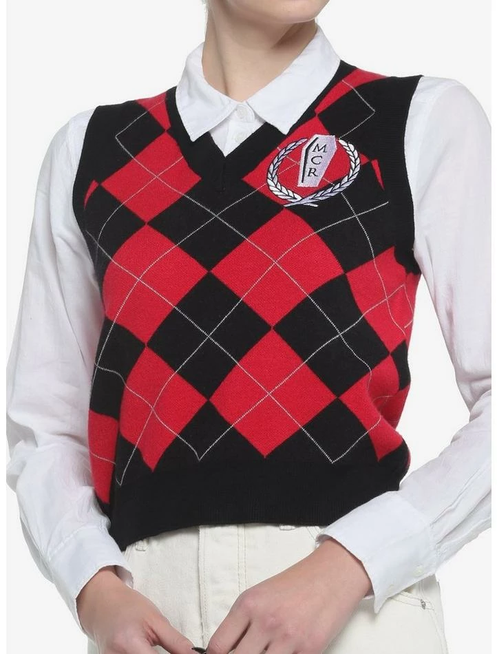 Outlet ✔️ My Chemical Romance Crest Argyle 👧 Girls Sweater Vest 😀